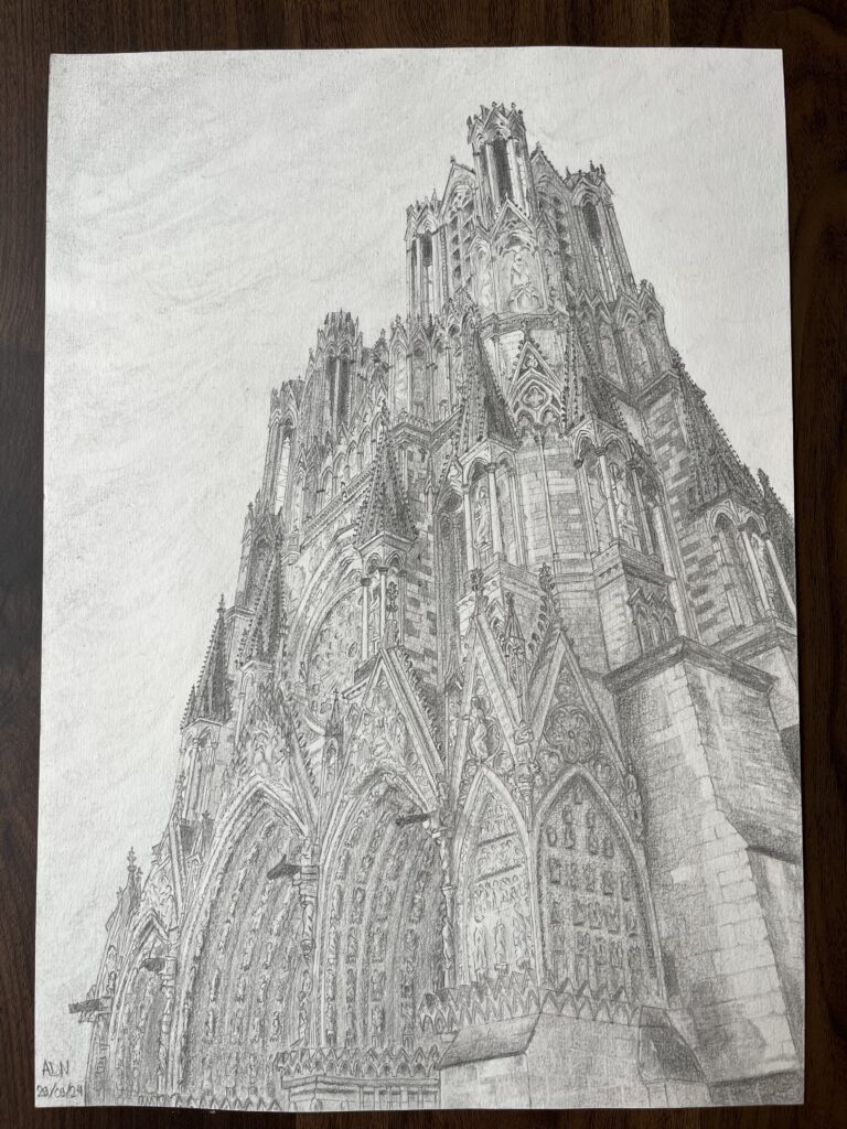 Dessin réaliste de la cathédrale Notre-Dame de Reims au crayon graphite 4H-6B, format A3