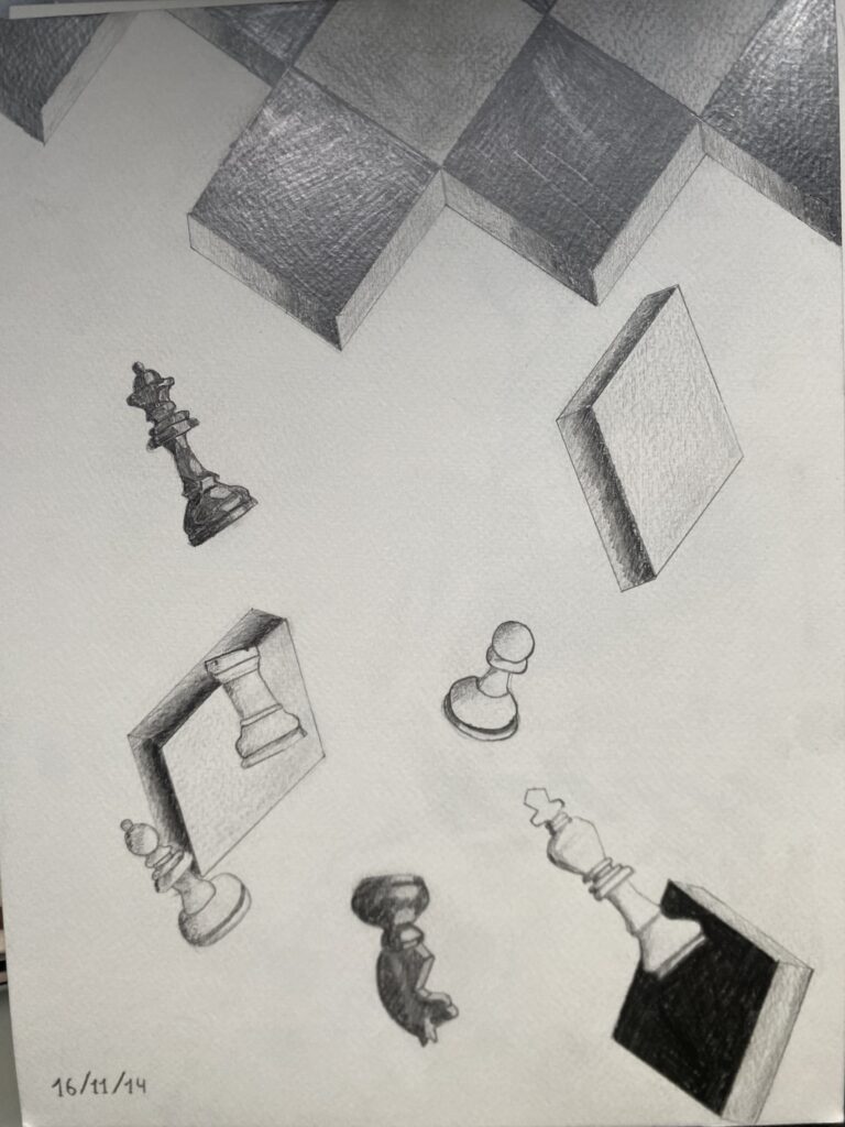 Dessin fantaisiste au crayon graphite  représentant la chute de pièces ainsi  que de cases d'un échiquier