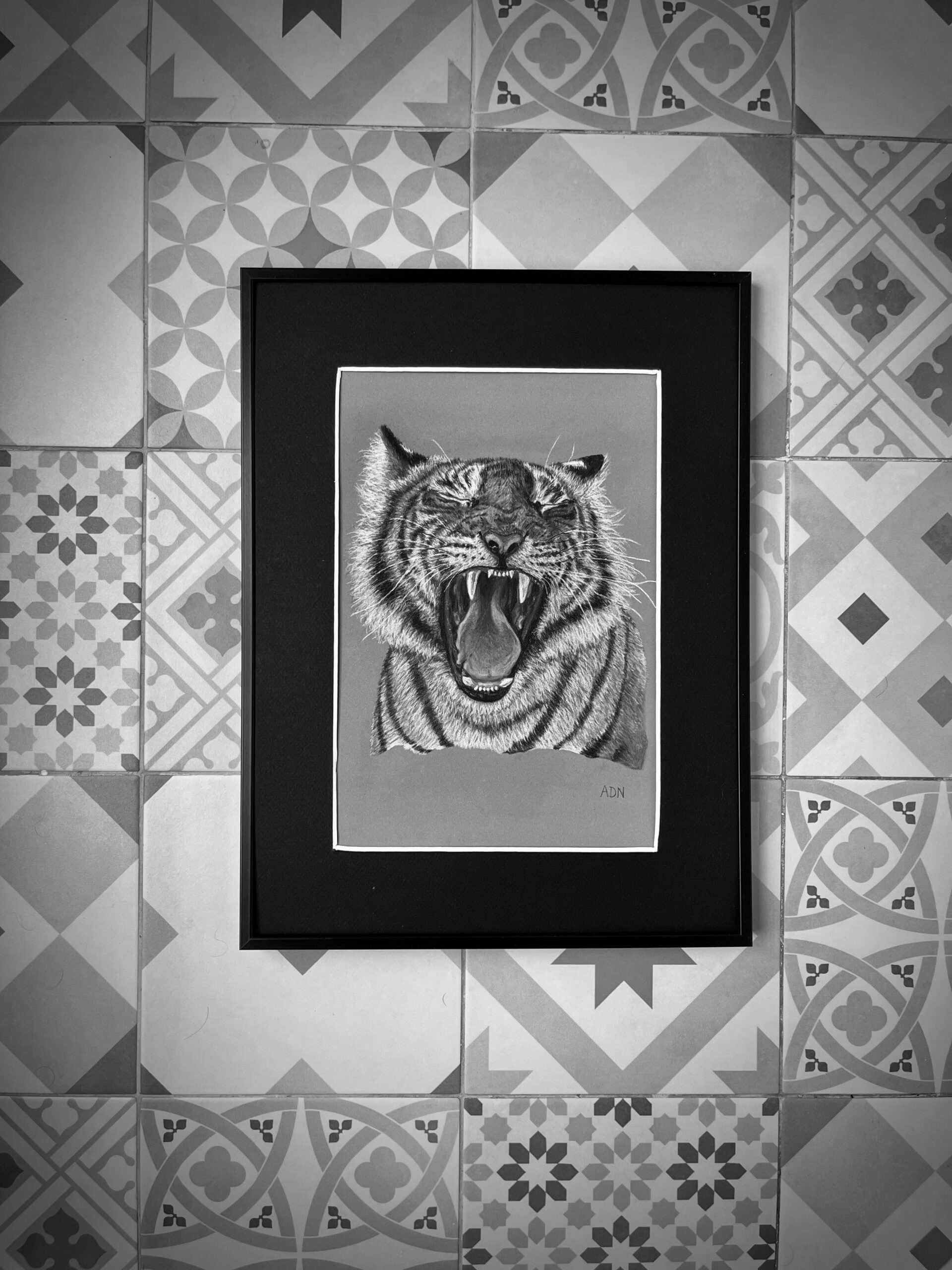 Dessin réaliste au pastel sec d’un tigre rugissant N/B sur fond carrelé, collection Félins par ADN - ADN Portfolio "Éclat Sauvage N/B"