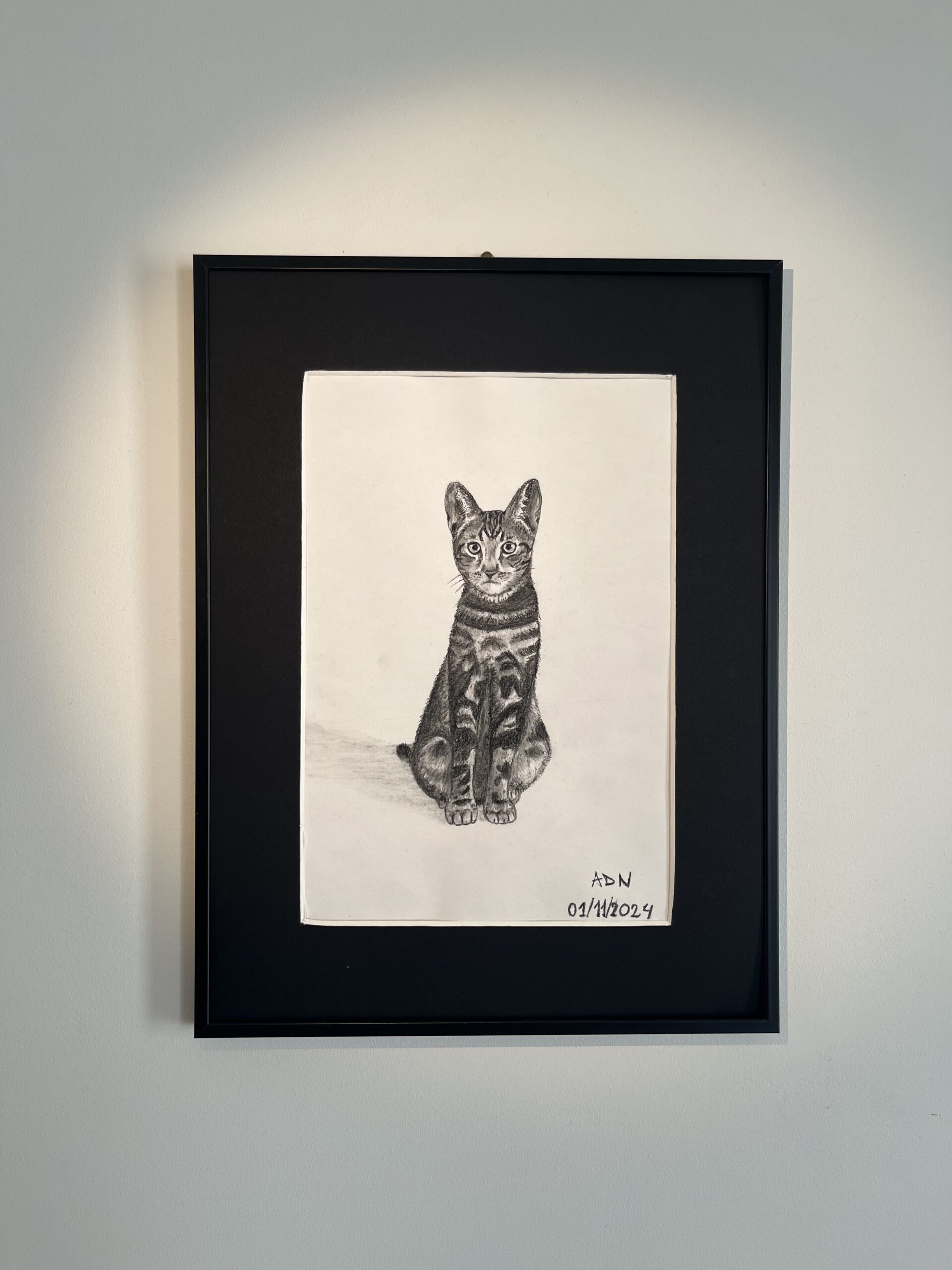 Dessin d'un chat noir réalisé à la pierre noire sur fond blanc. Collection Félins ADN - "Tigrou"